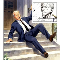 manga panel of Joe Biden falling down the steps in the style of Spy X Family