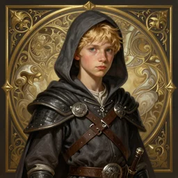an epic fantasy comic book style portrait painting of a young blonde boy wearing plain thief clothes, d & d, fantasy, intricate, elegant, highly detailed, digital painting, artstation, concept art, matte, sharp focus, illustration, art by artgerm and greg rutkowski and alphonse mucha