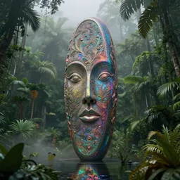 giant iridescent monolith in lush tropical jungle, foggy, moody, water reflection : : by jeff koons, dan mcpharlin daniel merrian : : ornate, dynamic, particulate, rich colors, intricate, elegant, highly detailed, centered, artstation, smooth, sharp focus, octane render, 3 d