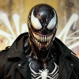 highly detailed closeup portrait of a cyborg venom symbiote in spiderman suit with skeleton skull face,, black parka by atey ghailan, by greg rutkowski, by greg tocchini, by james gilleard, by joe fenton, by kaethe butcher, gradient, yellow, black, brown and white color scheme, grunge aesthetic!!! white graffiti tag wall background
