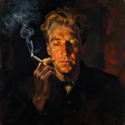 david lynch smoking cigarette, lit by cigarette, billowing smoke, dark orange glow, painting by jc leyendecker!! phil hale!, lynchian!!!! ominious, dark lighting, angular, brush strokes, painterly, vintage, crisp