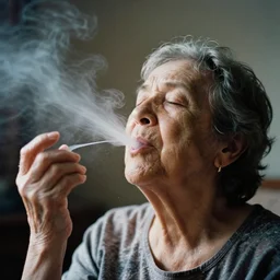 analog photographic portrait with 5 0 mm lens and f / 1 2. 0 of a 1 1 0 years old woman woman with her eyes closed and spurting from her mouth a white viscous fluid floating in the air. with a slight variation of light in the liquid and gesture.