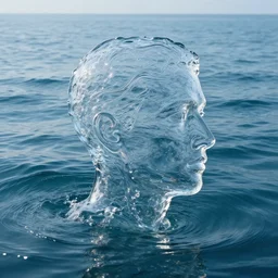 water artwork manipulation in the shape of a human head, on the ocean water, ray tracing, realistic water sharp focus, long shot, 8 k resolution, cinematic, amazing water art