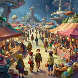 colorful, eccentric, bustling marketplace in an alien spaceport, alien merchants at market stalls, anime, a sci-fi digital painting by Greg Rutkowski and James Gurney, trending on Artstation, highly detailed