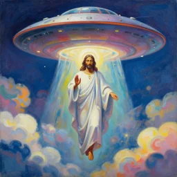 UFO hovering over an African Jesus , clouds, colourful, painting by Hsiao-Ron Cheng,