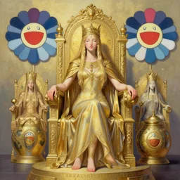 A very detailed aesthetic painting titled 'The ancestor Gods' description 'Hera and Zeus sitting in their thrones' by Takashi Murakami and Wayne Barlowe, Trending on cgsociety artstation, establishing shot, 8k, masterpiece, highly detailed.