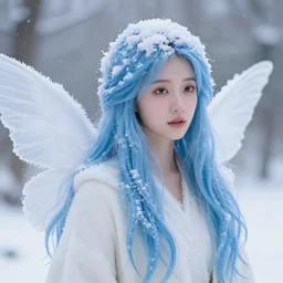 a beautiful winter fairy with blue hair, snow, fur wings, fantasy, realism, pretty, trending on artstation