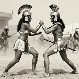 Battlefield, two aztec warrior females fight, epic ,old photo, vintage, black and white, Boris vallejo, sepia
