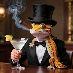A photograph of a gecko in a top hat smoking a cigar, holding a martini, 4k