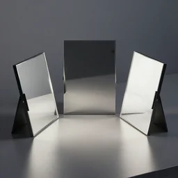 three mirrors are at an angle to each other refracting each other recursively on a table, octane render 8 k