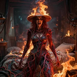 wearing a hat, rgb, woman, bedroom full of fire, rage, cinematic, movie scene, inspired by zdzislaw beksinski, clothes made out of veins,, cables everywhere, bedroom, ultra realistic, concept art, intricate details, highly detailed, photorealistic, octane render, 8 k