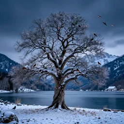 a beautiful awesome artistic tree in the winter at night and many birds, all in the amazing outdoors view, mountain in the background, lake, long exposure, 8 k resolution, trending on artstation