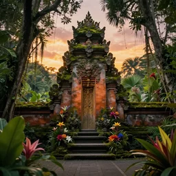 a jungle temple surrounded by moss and tropical flowers, with a sunset, by alex horley