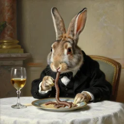 baroque oil painting handsome rabbit in elegant black suit eating small cooked dune sandworm, painted by greg rutkowski cushart krentz jeremy mann, dune sandworm, wine glass, marble interior, front view, close up shot, soft studio lighting, elegant, morandi color scheme, white embroidered tablecloth, baroque style, 8 k resolution