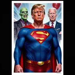 a poster of donald trump in a superman with creepy joe biden costume by joe mangrum, trending on deviantart, futurism, movie poster, poster art, 3 2 k uhd, american propaganda, futurism, toyism