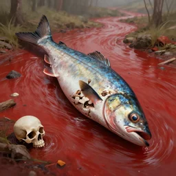 dead fish, skull, red river, highly detailed, 8 k, artstation, beutifull, masterpiece,