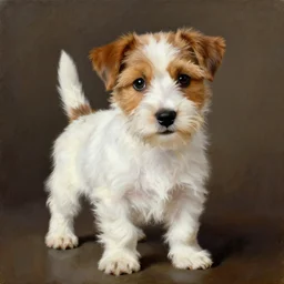 a high quality painting of a very cute scruffy wire haired jack russell terrier puppy, white with chocolate brown spots, brown patches over both eyes. friendly, curious expression. painting by norman rockwell
