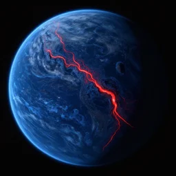 a picture of an alien planet, taken from orbit, dark blue planet, red narrow lava rivers, astronomical imaging