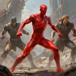 translucent realistic slim muscular red armored suit superhero in battle, fantasy digital art, vivid color style artstation, style greg rutkowski and frank frazetta and mucha and richard corben, octane render, unreal engine 6, epic game graphics, fantasy, conceptual art, ray tracing
