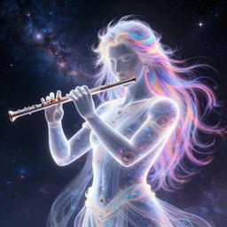 The God of Music playing a flute, translucent body, long glowing colourful hair, galaxy background, digital art, detailed, intricate