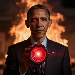 Obama red flashlight glowing eyes, hell flames are burning behind Obama, 40nm lens, 4k,