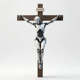 beautiful centered fine art photo of man on cross as a solarpunk robotic humanoid, white mechanical parts with led lights, bouguereau style pose, photorealistic, white background, highly detailed and intricate, soft box lighting, hdr 8 k