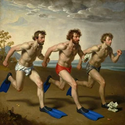 The medium shot of three mans with flippers running away with a small profit of money, thinking they've made a great deal by Hieronymus Bosch, oil painting, 4k, masterpiece