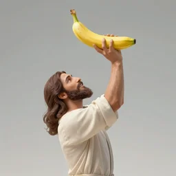 jesus lifting a banana up into the air, digital art, emotional and powerful pose, by leonardo da vinci