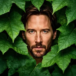 highly detailed comedy caper movie poster with keanu reeves hiding in leaves, keanu reeves face inside a leafy bush by greg rutkowski