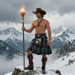 a portrait by greg rutkowski and albert bierstadt of a handsome shirtless desi hiker on a mountain peak | he is wearing a tartan kilt, cowboy hat, and leather boots | he is holding a wizard staff | background is snowy mountains, snowflakes, sparks, and clouds | homoerotic, highly detailed, detailed face, dramatic, ethereal, dreamlike | trending on artstation