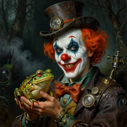 a close - up dark portrait painting of a steampunk scientist clown holding a frog. foggy forest atmosphere, black background. highly detailed science - fiction painting by norman rockwell, moebius, frank frazetta, and syd mead. rich colors, high contrast. artstation