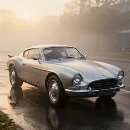 parked retro futuristic vintage polished car, fog, rain, volumetric lighting, beautiful, golden hour, sharp focus, highly detailed, cgsociety
