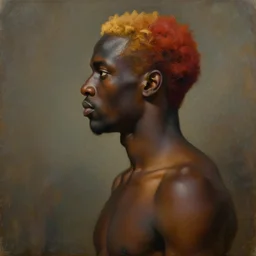 a full body profile oil painting of an African samurai with reddish golden hair, by Alphonse Mucha and Jacob Lawrence and Kehinde Wiley with face and body clearly visible, visible pupils, forgotten realms, high quality, sombre mood, muted colours, no crop, entire character.