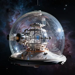 glass dome space station, sci - fi, in nebula - filled space, side view, ultra realistic, superior quality photograph by nasa