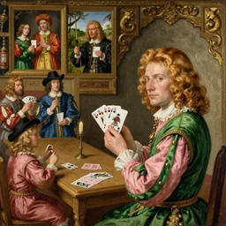 intricate beautiful wide - shot, the handsome man, blonde reddish hair, in green and pink clothes of 1 7 th century, holds playing cards, in card's player by sezanne, matte painting, renaissance painting, by paul sezanne by leyendecker, by artgerm, rutkowskyi