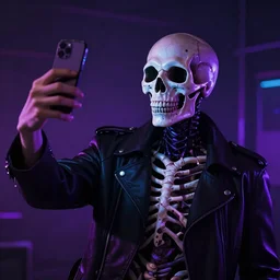 dramatic cinematic scene of Death taking a selfie, modern, mucha, colorful, Inspired by William Adolphe Bouguereau, and Donato Giancola, mucha, purple, black, highly rendered, beautiful, cyberpunk, moody lighting, glowing light and shadow, atmospheric, studio lighting, 8K