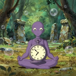 hyperrealist, studio ghibli dull colors portrait cartoon from close encounters of the third kind 1 9 7 7 of a mauve pocketwatch humanoid meditating in a wide bubble jungle desert stonehenge.