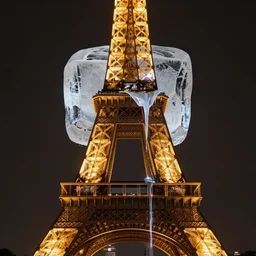 gigantic ice cube melting on top of the eiffel tower in paris, warm colors, hyperdetailed, dark background, professional photography, high contrast