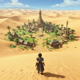 a godly ancient isolated sacred spiritual alien village built in the lush oasis of a vast hot sand desert, 3 rd person action adventure, screenshot, gameplay, final fantasy, square enix, jrpg, cutscene, unreal engine, 4 k, ultra high settings, rtx, next gen graphics, playstation 5, greg rutkowski, tetsuya nomura