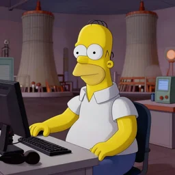portrait photo of a man who looks just like homer simpson, sitting at his workstation at the nuclear power plant, environmental portrait photo by arnold newman, grit, muted colors, lookalike, alarming light, 5 0 mm