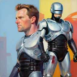 greg manchess portrait painting of peter weller combined with the robocop as overwatch character, 8 0 ies aesthetic, medium shot, asymmetrical, profile picture, organic painting, sunny day, matte painting, bold shapes, hard edges, street art, trending on artstation, by huang guangjian and gil elvgren and sachin teng