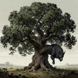 an illustration of an ancient oak tree possessed by a dark entity and transformed into a beast