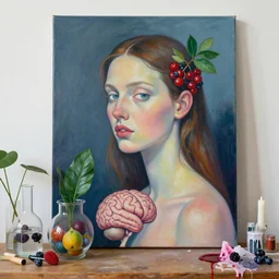 “ sensual portrait in a female art student ’ s apartment, a human brain, fresh fruit, berries, plants in scientific glassware, art materials, dripping candle wax, berry juice drips, neo - expressionism, surrealism, acrylic and spray paint and oilstick on canvas ”