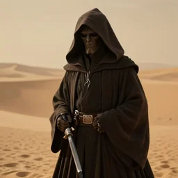 still of a hooded dark Yoda from Starwars as a Sith Lord, in the desert, cinematic lighting, cinematic composition, depth of field, award-winning