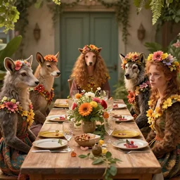 a table dinner of exotic animals where animals are dressed like the characters from the midsommar movie wearing flowers, sharp focus, realistic detailed digital art by maxwell boas jessica rossier christian dimitrov anton fadeev trending on artstation cgsociety rendered in unreal engine 4 k hq