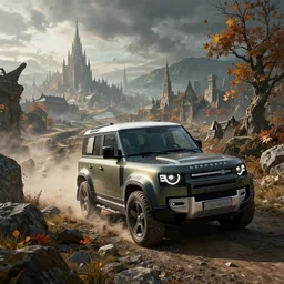 offroad landrover defender of daedric design driving across the rift, riften city in the background, epic fantasy, autumn, the elder scrolls v : skyrim, dramatic lighting, establishing shot, by simon stalenhag