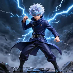 killua zoldyck made by zdzisław beksinski, thunderstorm, lighting, blue, pose, 8 k, detailed, high quality, 8 k