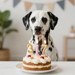 photo of dalmatian dog with a birthday cake,