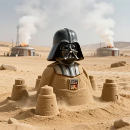 a sandcastle in the shape of darth vader near a vapour farm on tatooine