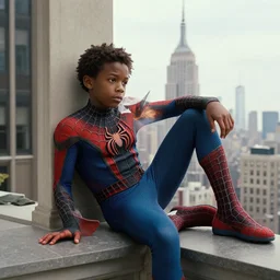 film still of 2 0 year old donald glover as miles morales in spider - man movie, 8 k, resting on the empire state building